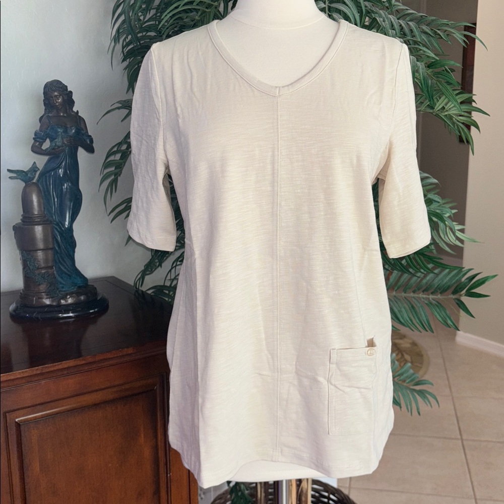 Denim & Co. Essentials Textured Knit Top w/ Pocket Detail ~ Stone Khaki